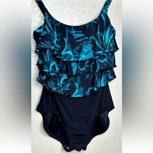 Vintage Ruffle Top Full Coverage Back One Piece Teal & Black Swimsuit 12